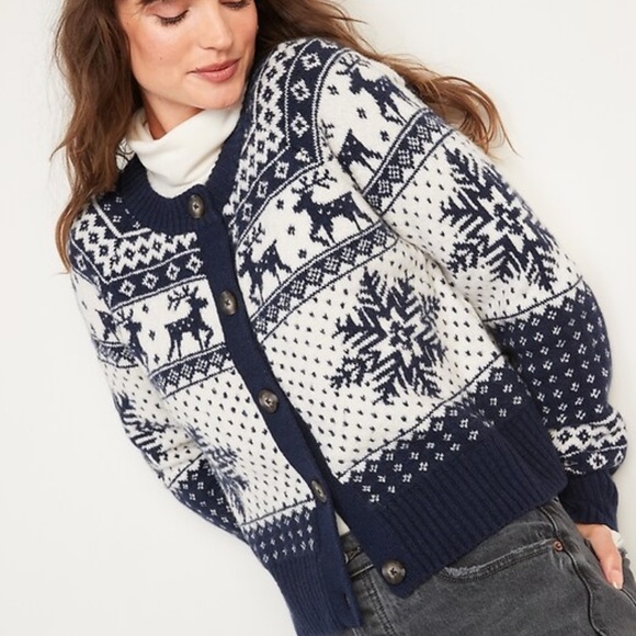 DEC 25th Navy and White Holiday Cardigan Sweater - Picture 1 of 10